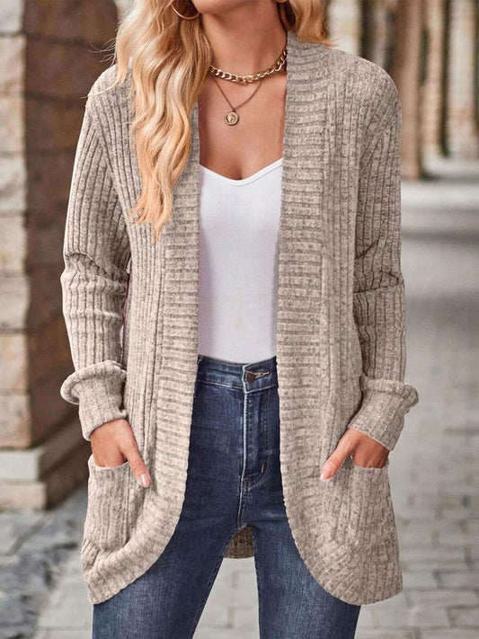 Rosamund Open Front Longline Knit Cardigan with Pockets - Khaki