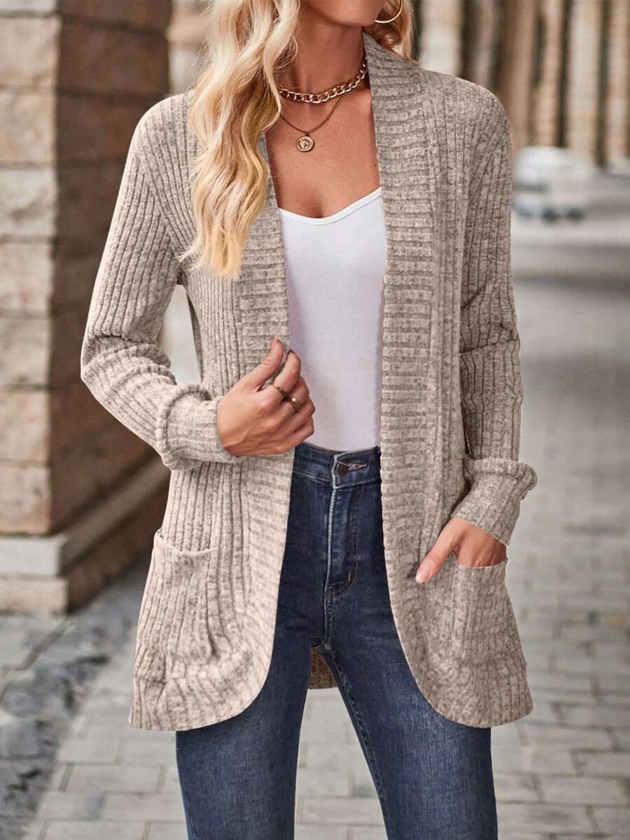 Rosamund Open Front Longline Knit Cardigan with Pockets - Khaki