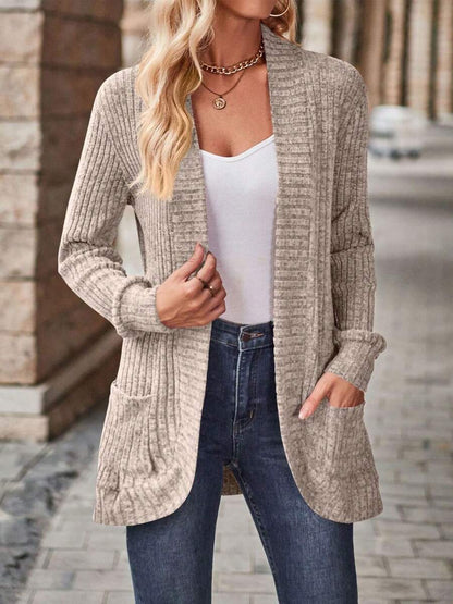 Rosamund Open Front Longline Knit Cardigan with Pockets - Khaki