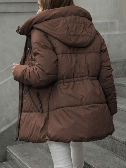 Anouk Quilted Mid Length Puffer Coat with Hood and Cinched Waist - Chocolate Brown