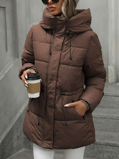 Anouk Quilted Mid Length Puffer Coat with Hood and Cinched Waist - Chocolate Brown