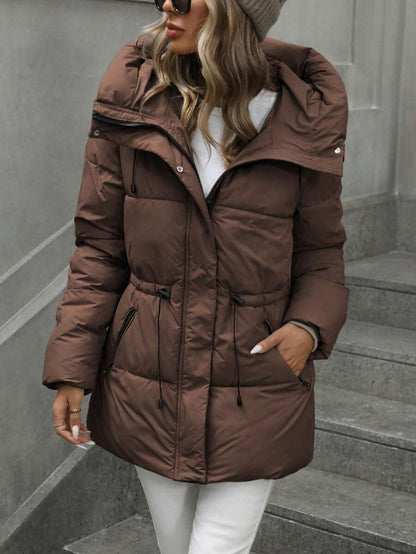 Anouk Quilted Mid Length Puffer Coat with Hood and Cinched Waist - Chocolate Brown