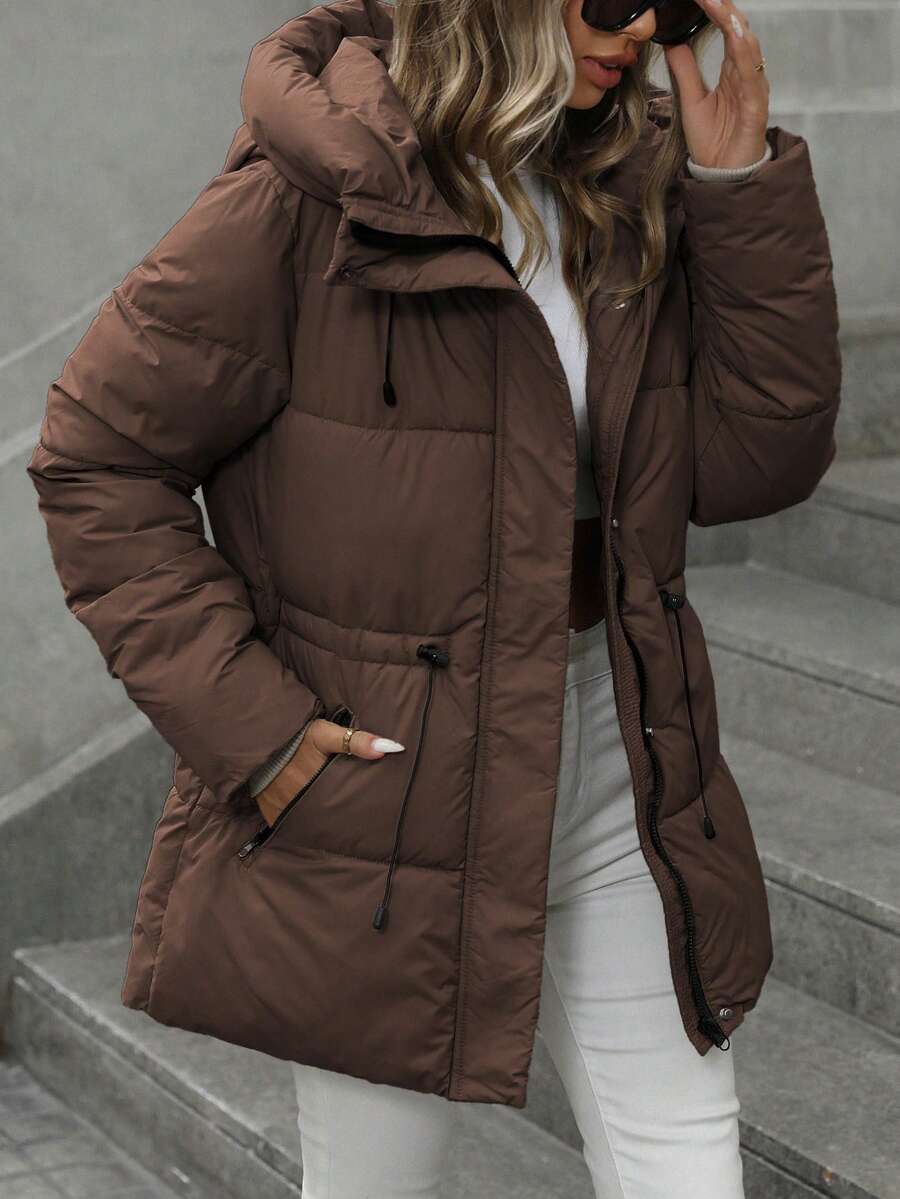 Anouk Quilted Mid Length Puffer Coat with Hood and Cinched Waist - Chocolate Brown
