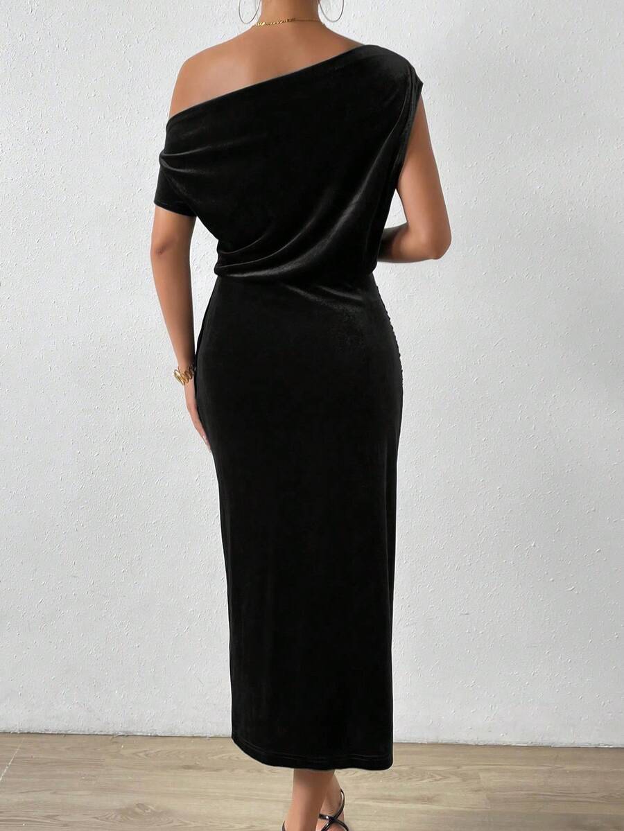 Women's Velvet Wrap Midi Dress, Asymmetric Neck Long Sleeve Dress for Holiday Party - Dark Green