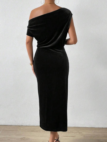 Women's Velvet Wrap Midi Dress, Asymmetric Neck Long Sleeve Dress for Holiday Party - Dark Green