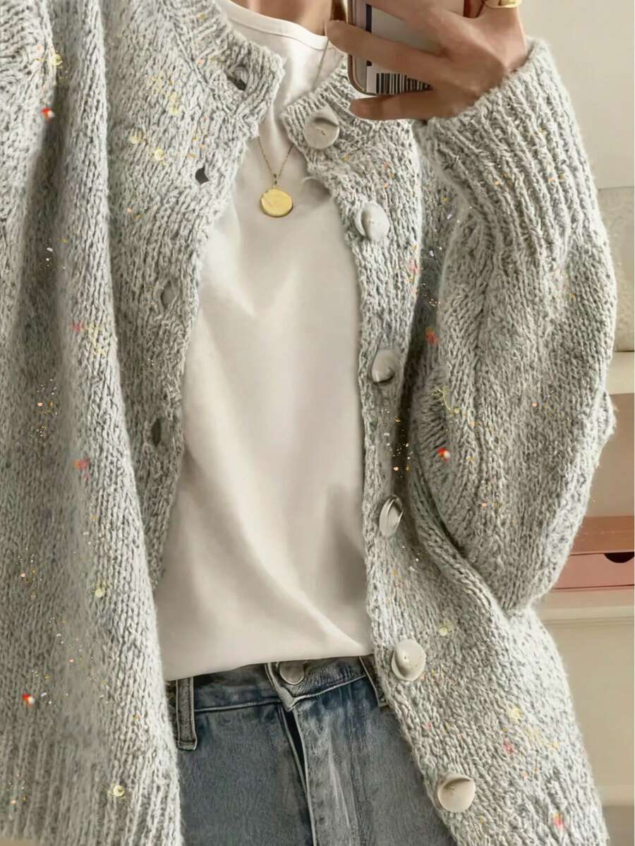Kinsale Speckled Knit Crew Neck Button Front Cardigan
