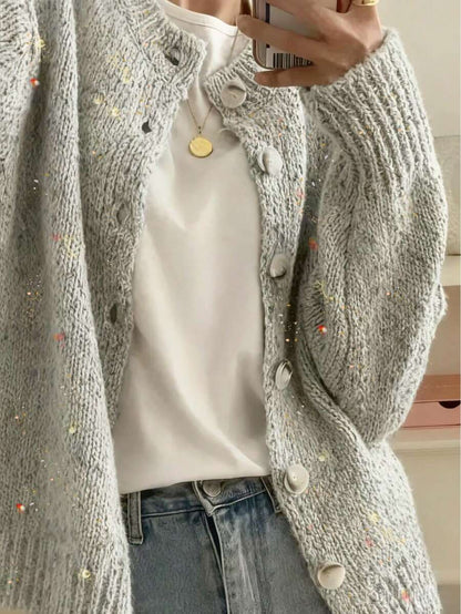 Kinsale Speckled Knit Crew Neck Button Front Cardigan