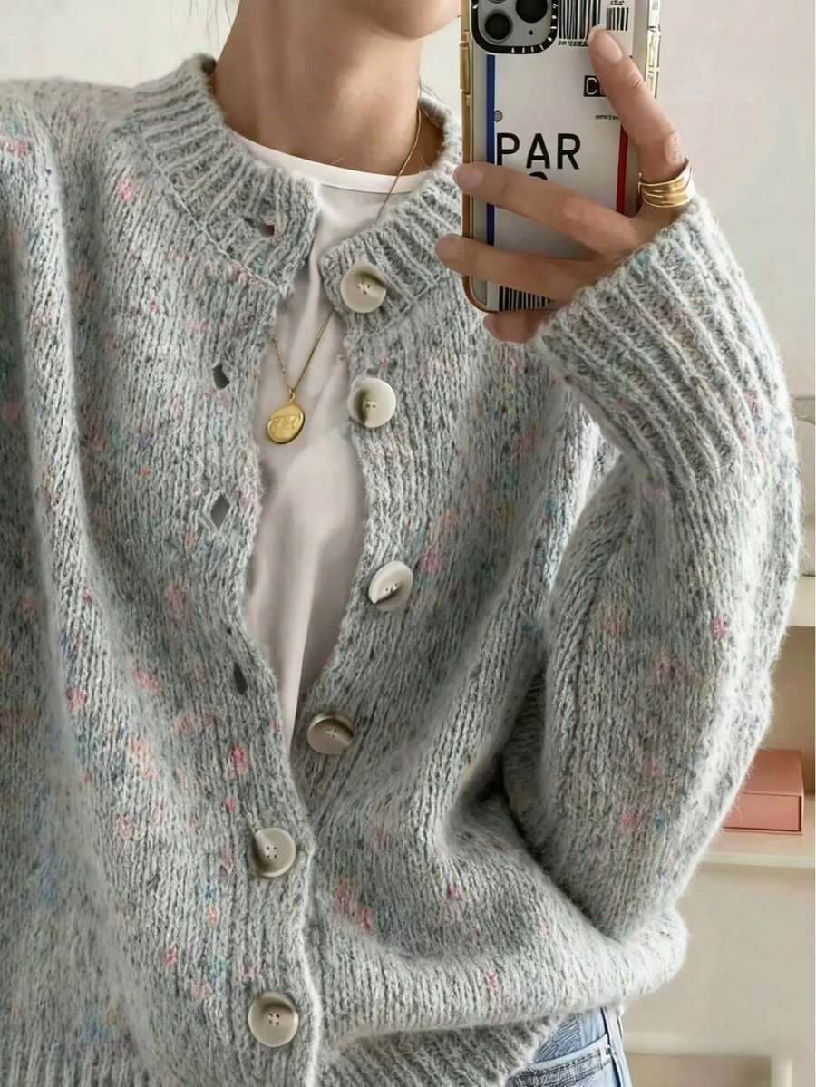 Kinsale Speckled Knit Crew Neck Button Front Cardigan