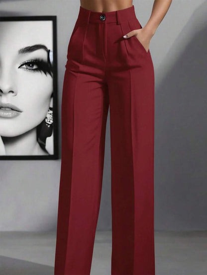Simone High-Waist Pleated Wide-Leg Trousers with Pockets - Wine Red