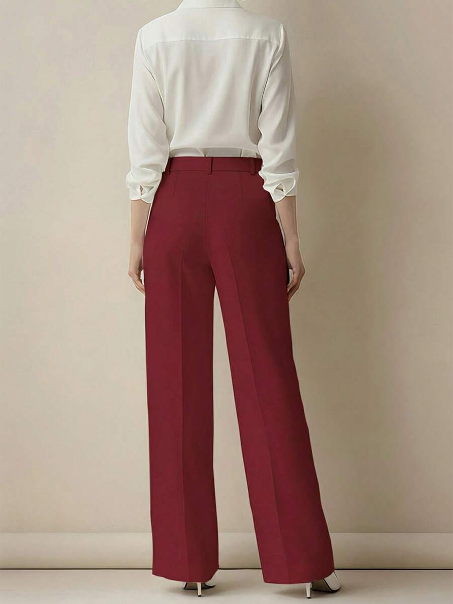 Simone High-Waist Pleated Wide-Leg Trousers with Pockets - Wine Red