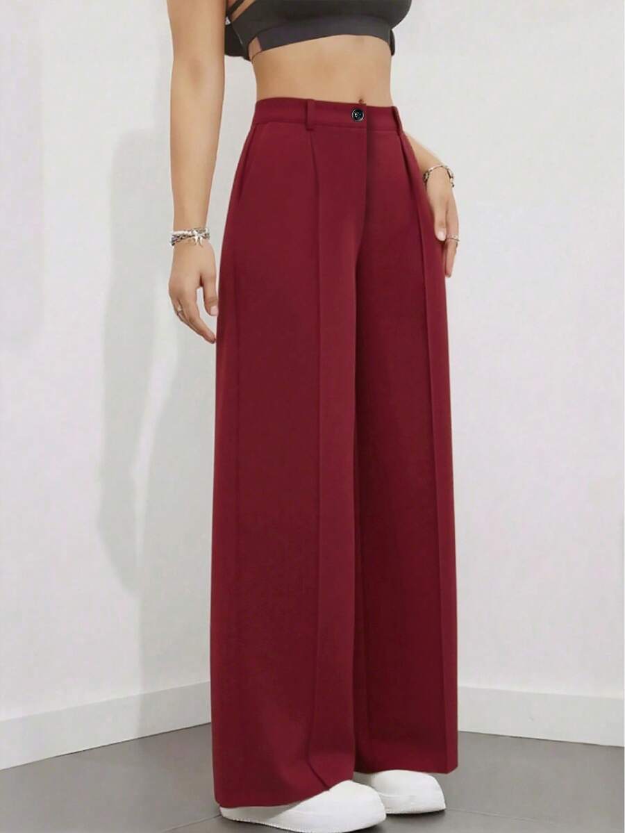 Simone High-Waist Pleated Wide-Leg Trousers with Pockets - Wine Red
