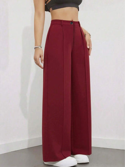 Simone High-Waist Pleated Wide-Leg Trousers with Pockets - Wine Red