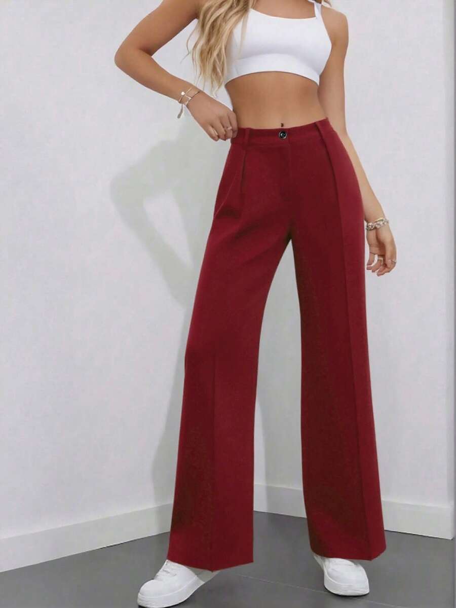 Simone High-Waist Pleated Wide-Leg Trousers with Pockets - Wine Red