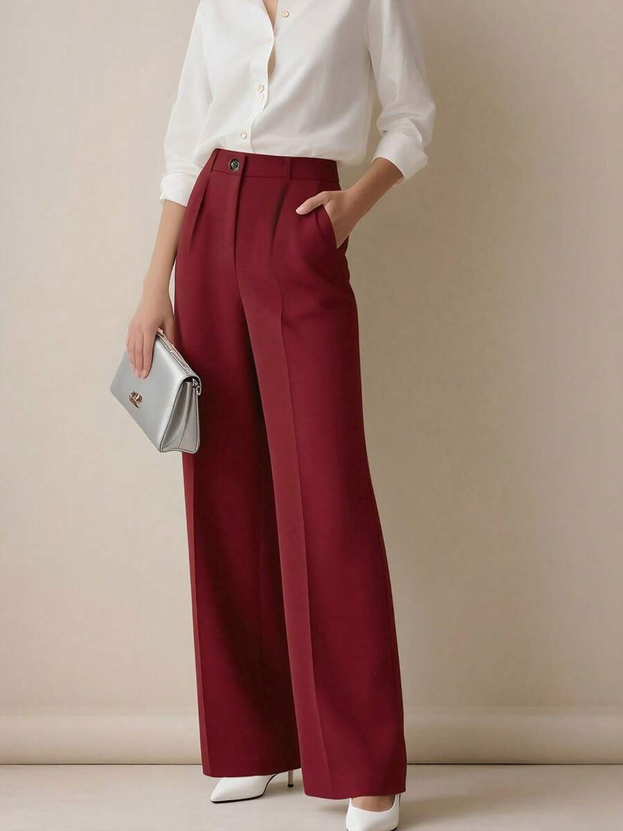 Simone High-Waist Pleated Wide-Leg Trousers with Pockets - Wine Red