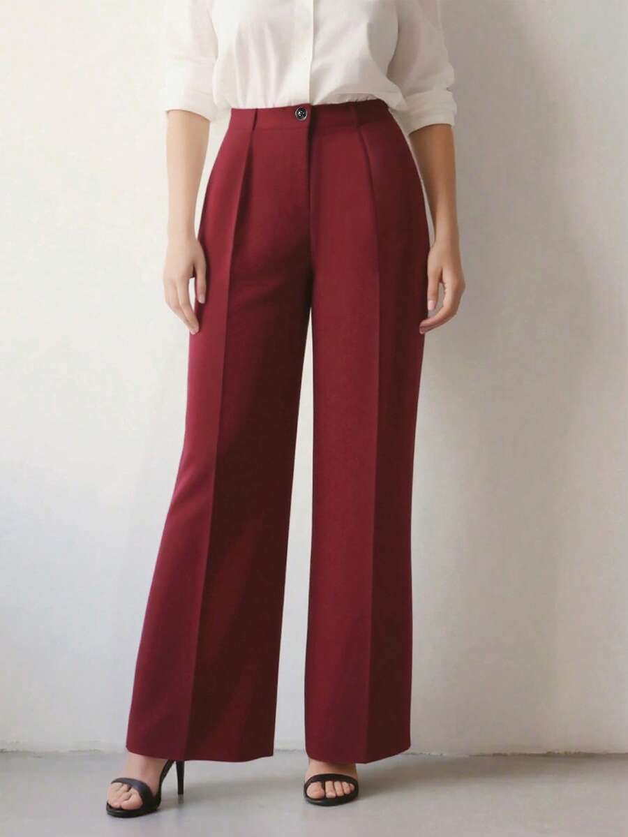 Simone High-Waist Pleated Wide-Leg Trousers with Pockets - Wine Red