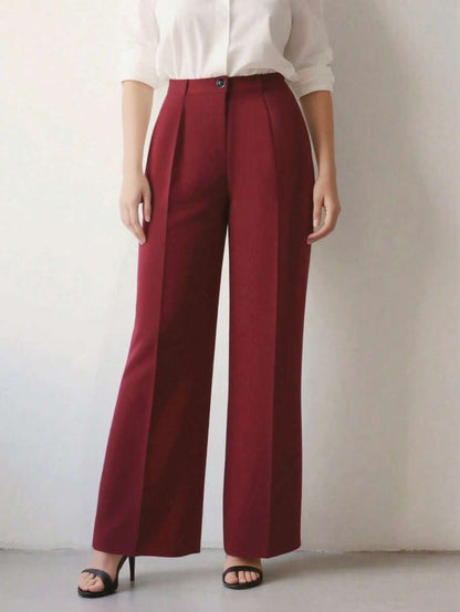 Simone High-Waist Pleated Wide-Leg Trousers with Pockets - Wine Red