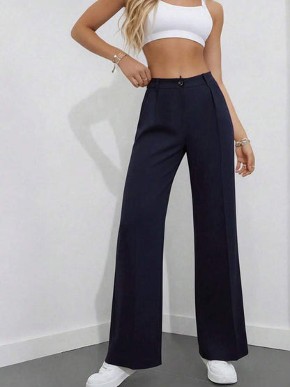 Simone High-Waist Pleated Wide-Leg Trousers with Pockets - Navy Blue