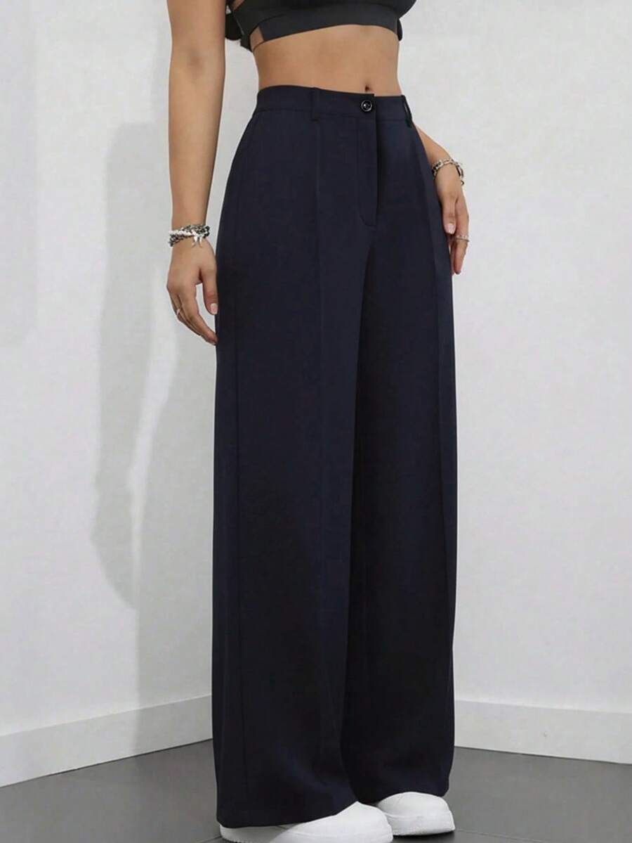 Simone High-Waist Pleated Wide-Leg Trousers with Pockets - Navy Blue
