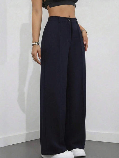 Simone High-Waist Pleated Wide-Leg Trousers with Pockets - Navy Blue
