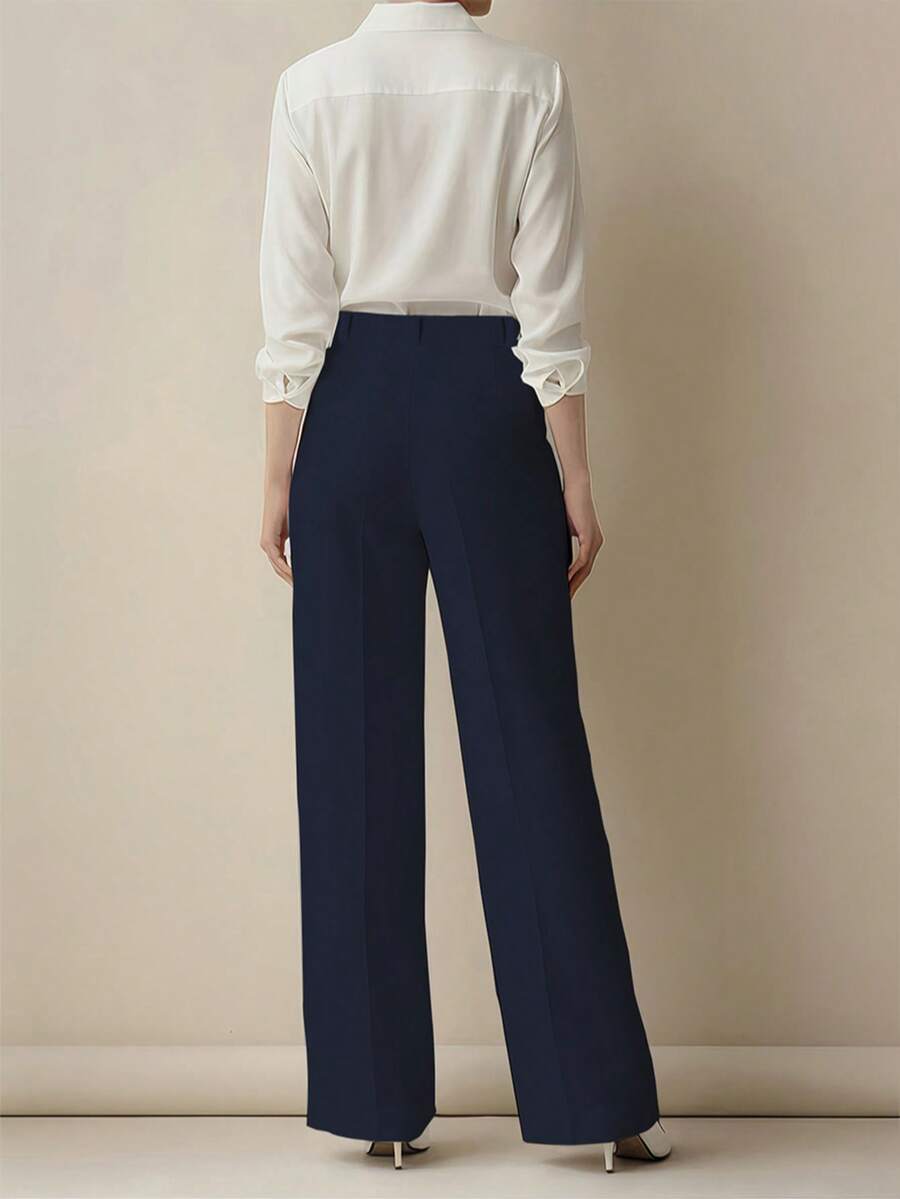 Simone High-Waist Pleated Wide-Leg Trousers with Pockets - Navy Blue