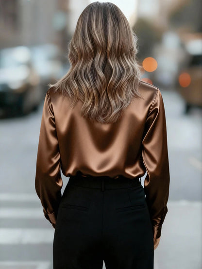 Valeria Satin Long Sleeve Button Down Collared Shirt - Chocolate Brown