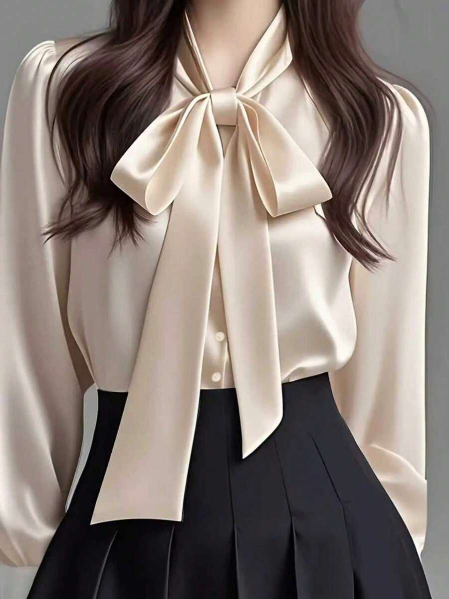 Versailles Satin Bow Tie Neck Long Sleeve Blouse - Apricot