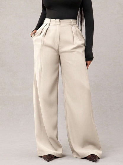 Theodora High Waist Pleated Oversized Wide Leg Suit Trousers - Cream