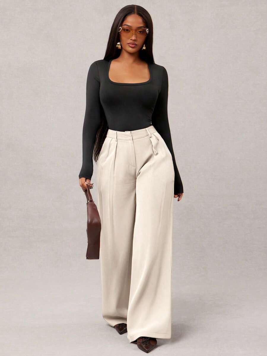 Theodora High Waist Pleated Oversized Wide Leg Suit Trousers - Cream