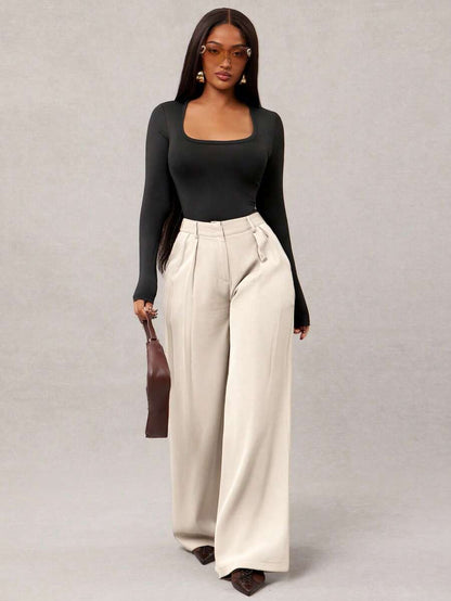 Theodora High Waist Pleated Oversized Wide Leg Suit Trousers - Cream