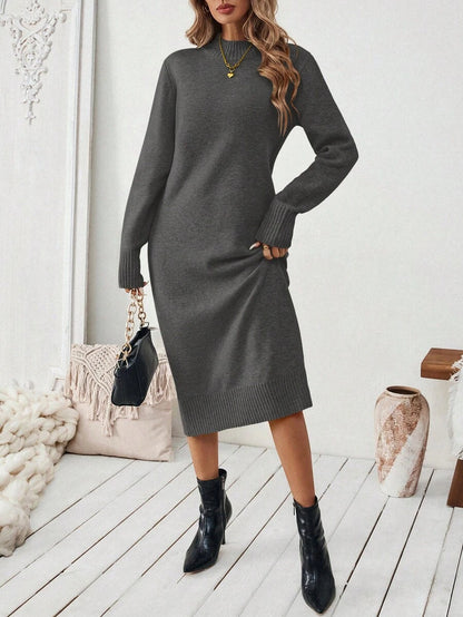 Severine Stand Collar Midi Sweater Dress with Side Split - Burgundy