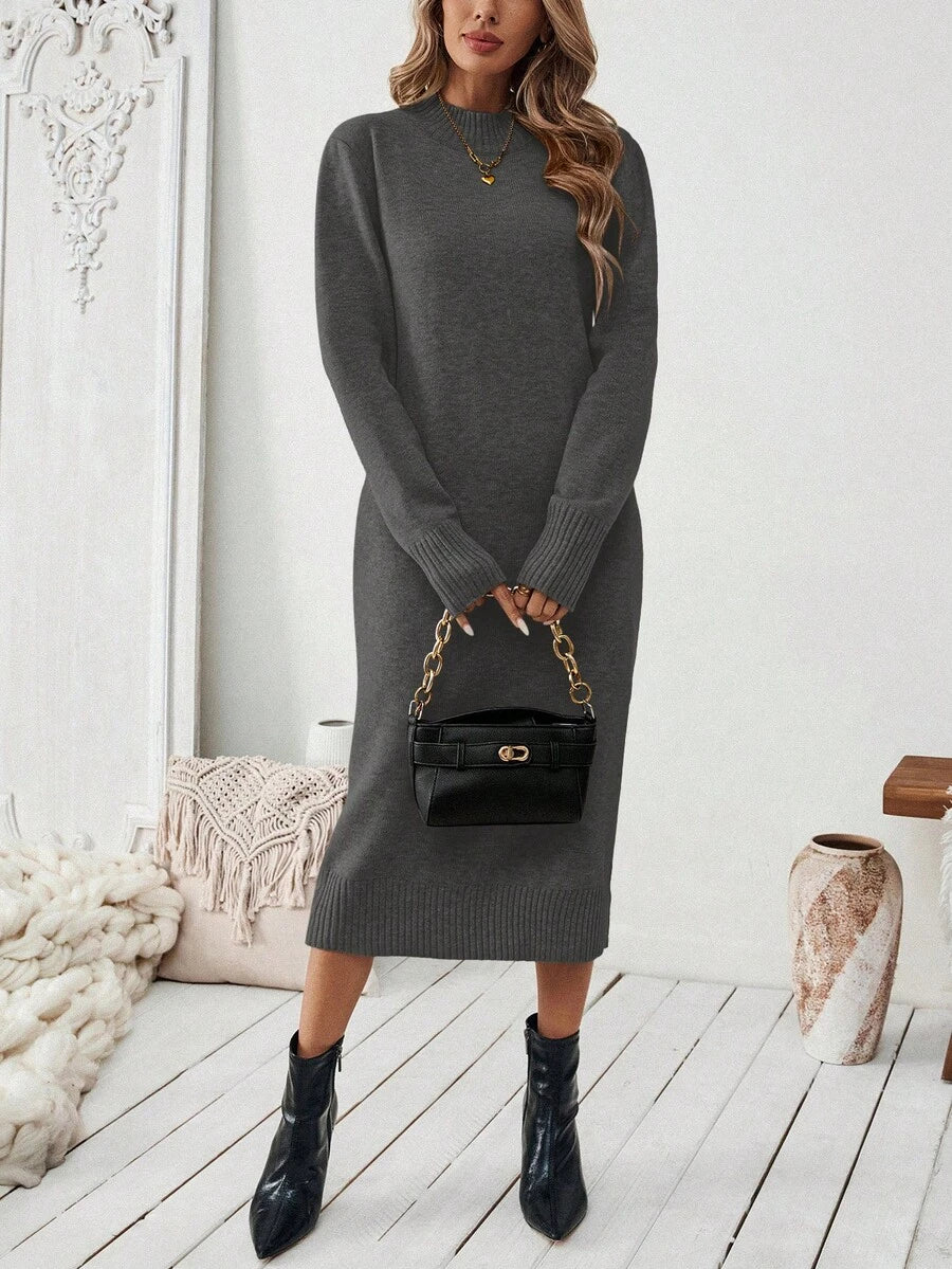 Severine Stand Collar Midi Sweater Dress with Side Split - Black