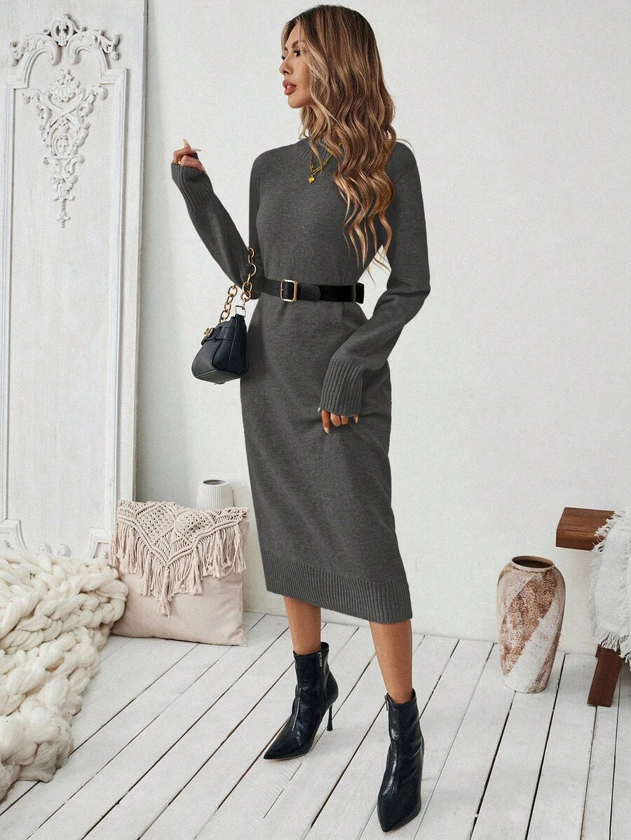 Severine Stand Collar Midi Sweater Dress with Side Split - Burgundy