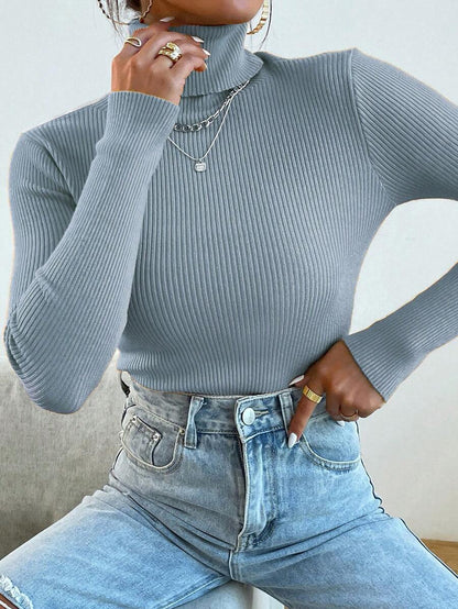 Nicolette Slim Fit Ribbed Knit Turtleneck Long Sleeve Sweater - Dark Green
