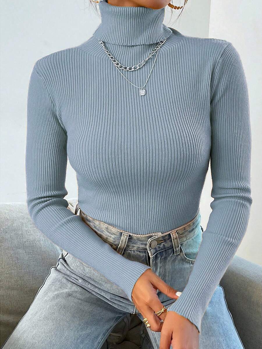 Nicolette Slim Fit Ribbed Knit Turtleneck Long Sleeve Sweater - Coffee Brown