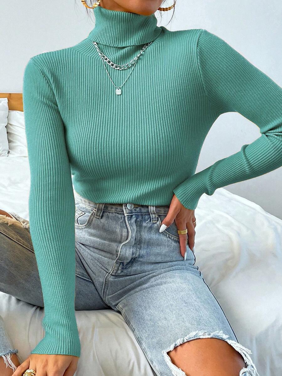 Nicolette Slim Fit Ribbed Knit Turtleneck Long Sleeve Sweater - Lime Green