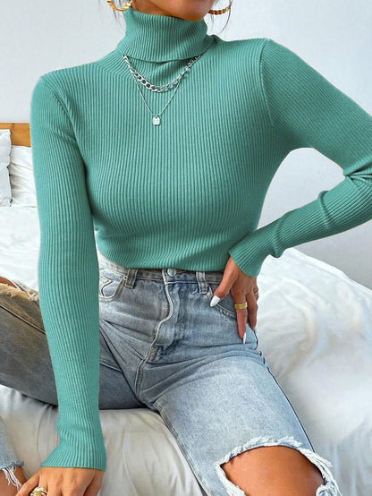 Nicolette Slim Fit Ribbed Knit Turtleneck Long Sleeve Sweater - Lime Green