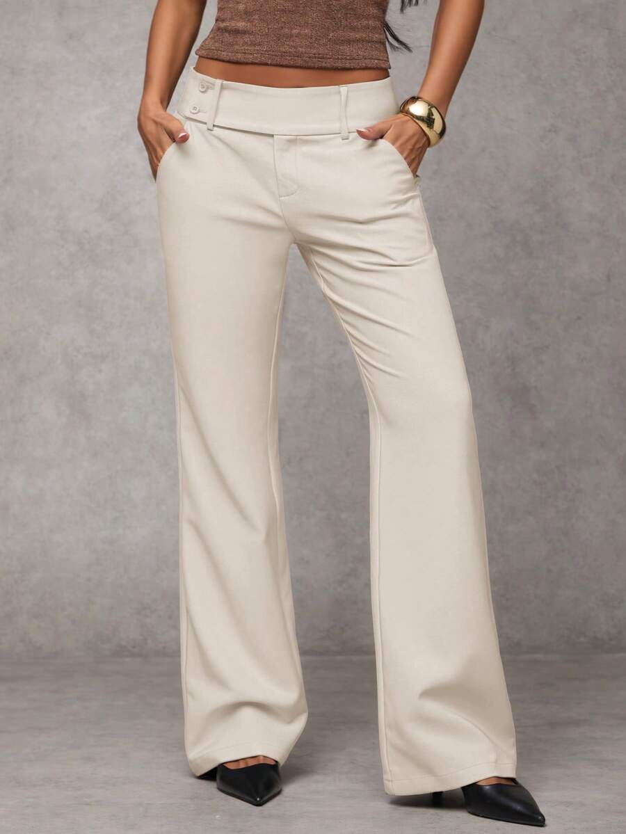 Antonia Low Rise Flare Leg Tailored Trousers with Pockets - Cream