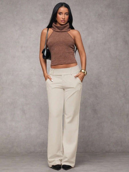 Antonia Low Rise Flare Leg Tailored Trousers with Pockets - Cream