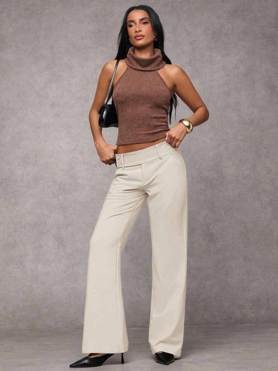 Antonia Low Rise Flare Leg Tailored Trousers with Pockets - Cream