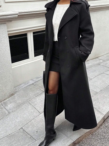 Laurel Double Breasted Belted Long Coat with Peak Lapels - Black