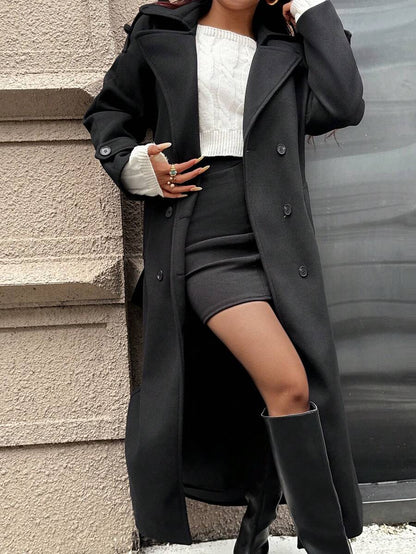 Laurel Double Breasted Belted Long Coat with Peak Lapels - Black