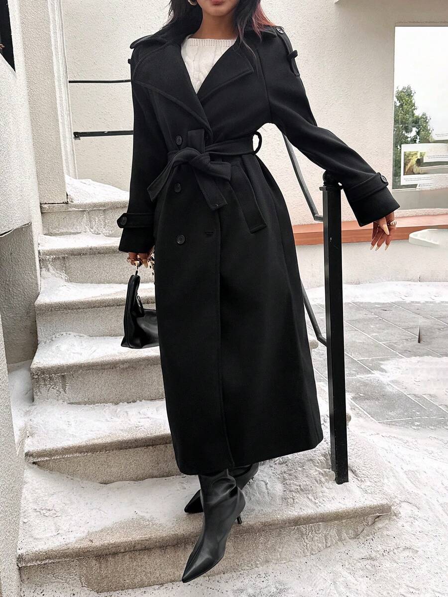 Laurel Double Breasted Belted Long Coat with Peak Lapels - Black