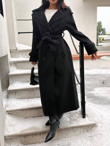 Laurel Double Breasted Belted Long Coat with Peak Lapels - Black