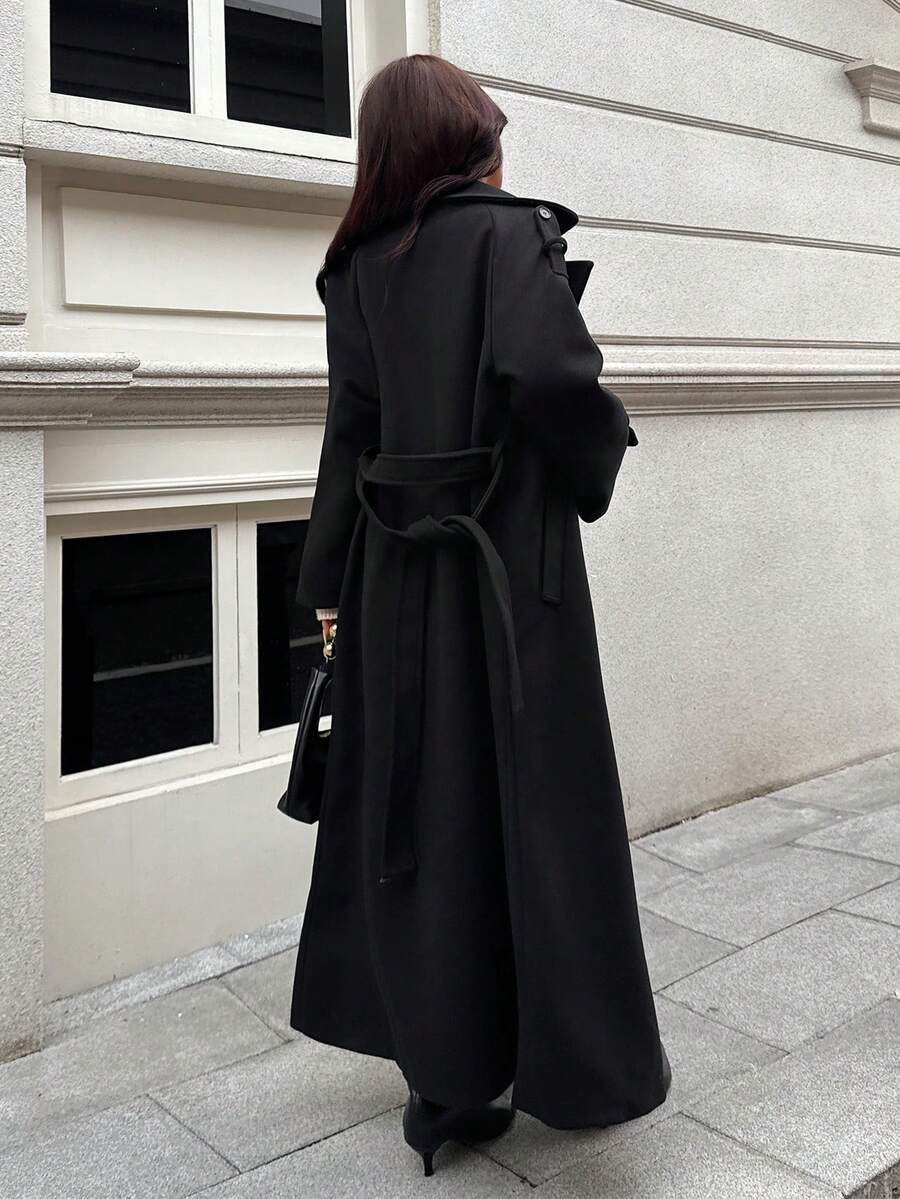 Laurel Double Breasted Belted Long Coat with Peak Lapels - Black