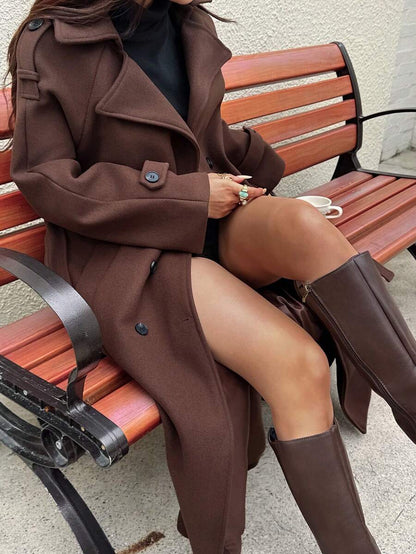 Laurel Double Breasted Belted Long Coat with Peak Lapels - Brown