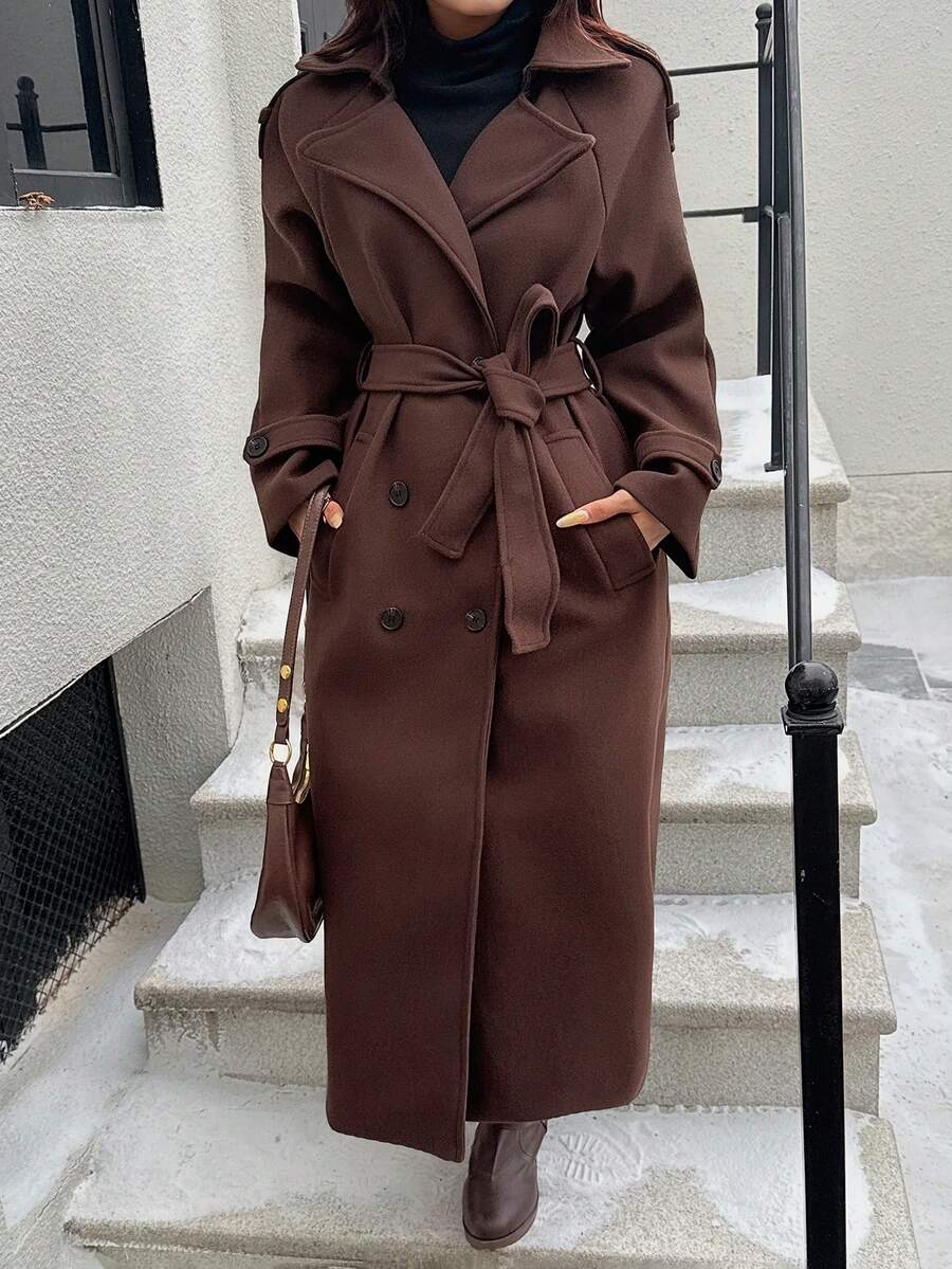 Laurel Double Breasted Belted Long Coat with Peak Lapels - Brown
