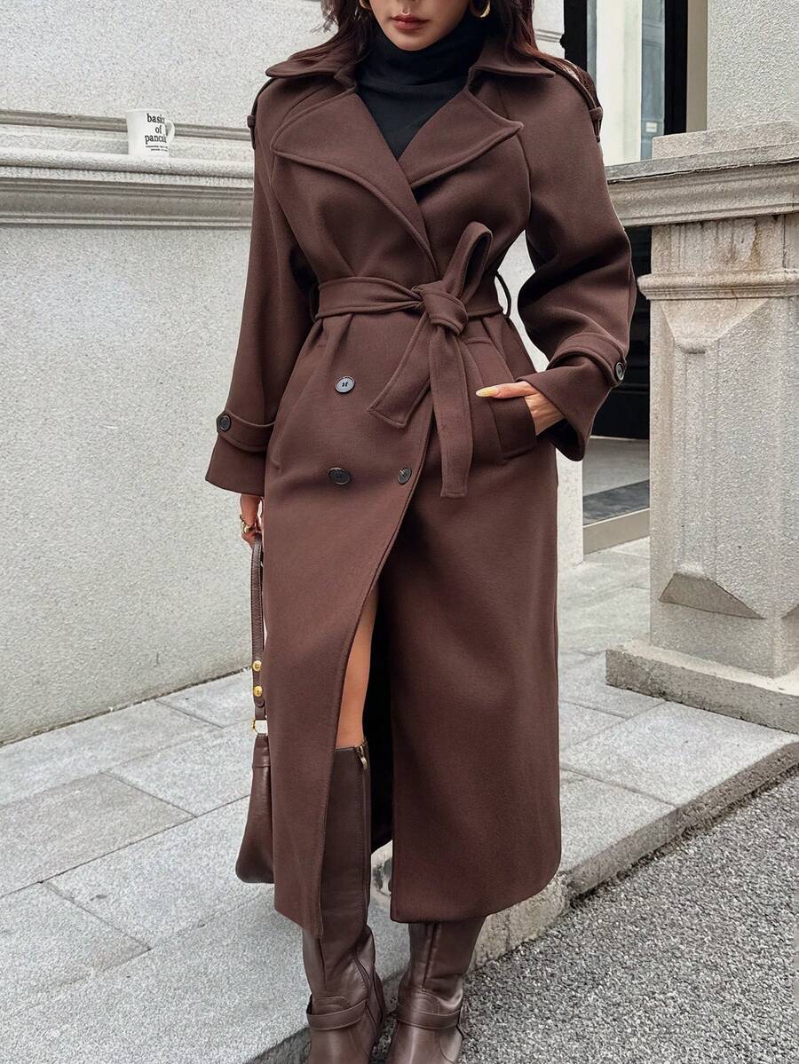 Laurel Double Breasted Belted Long Coat with Peak Lapels - Brown