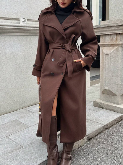 Laurel Double Breasted Belted Long Coat with Peak Lapels - Brown