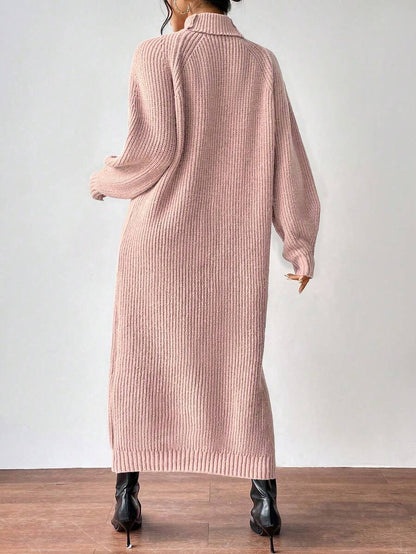 Anya High Neck Raglan Sleeve Sweater Dress - Light Grey