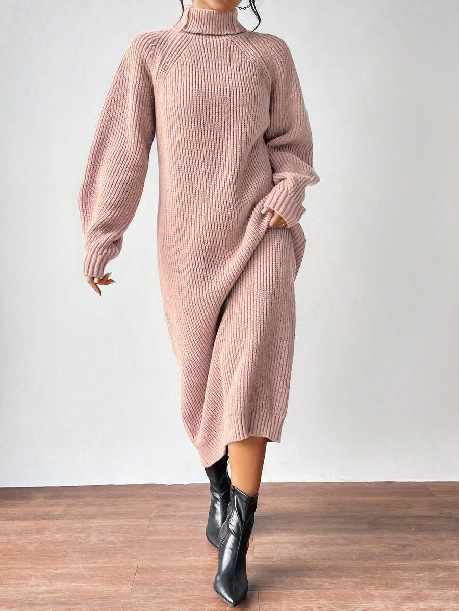 Anya High Neck Raglan Sleeve Sweater Dress - Dusty Pink